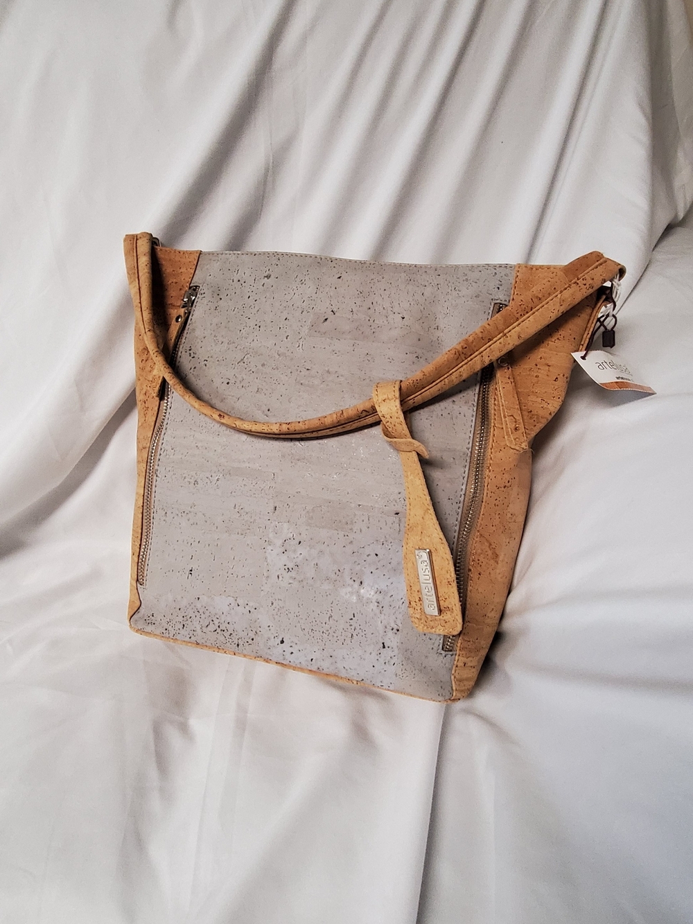 Artelusa Two-Tone Cork Shoulder Bag in Grey and Tan